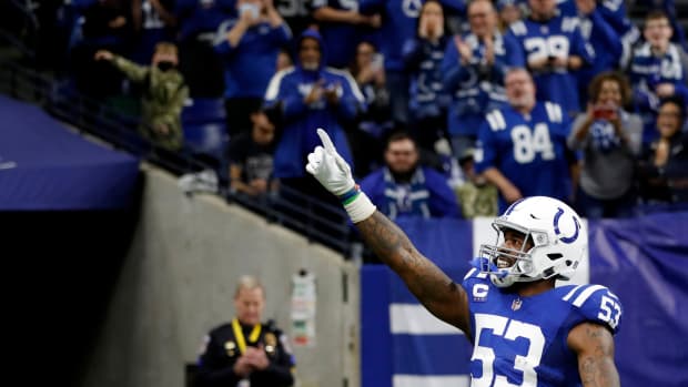 Indianapolis Colts outside linebacker Darius Leonard (53) celebrates after making an interception Sunday, Jan. 2, 2022, during a game against the Las Vegas Raiders at Lucas Oil Stadium in Indianapolis.